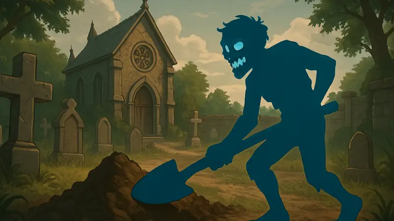 Изображение зомби из игры Graveyard Keeper, занятого работой на кладбище.