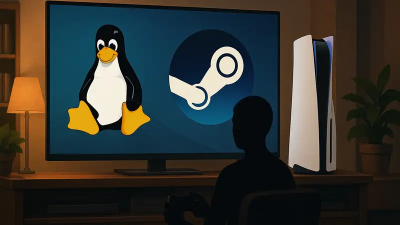 PlayStation 5 с установленной операционной системой Linux, работающей как Steam Machine для игр.