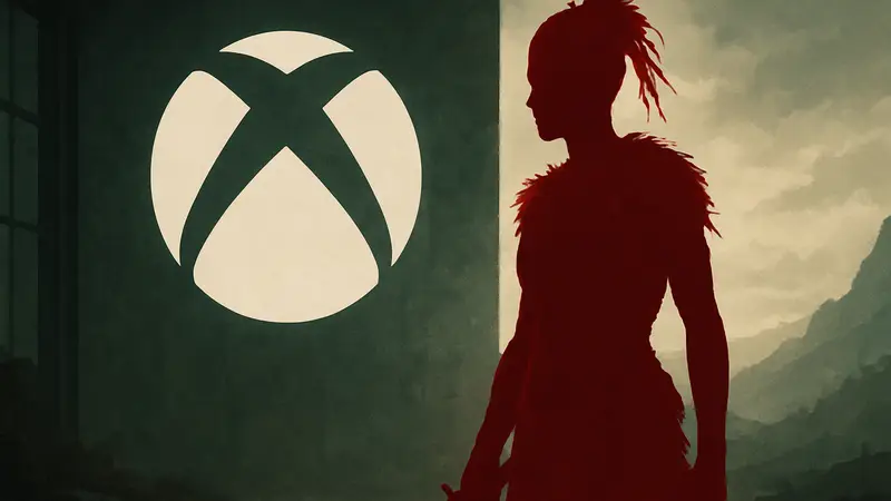 Героиня Сенуа из игры Hellblade 3 на фоне логотипа Xbox.