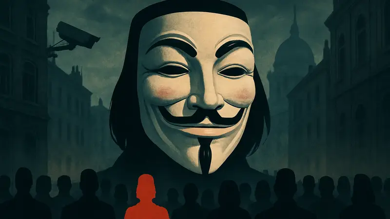 Маска V из фильма "V — значит Вендетта", символизирующая протест и актуальность темы.