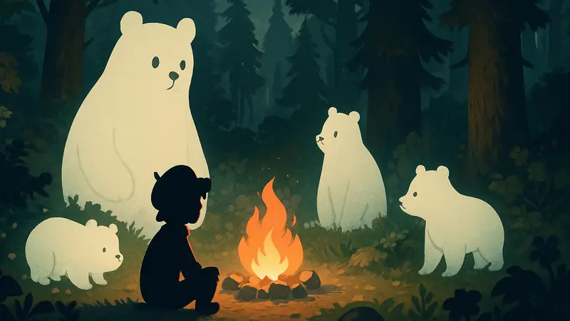 Персонаж из Cozy Grove: Camp Spirit сидит у костра в окружении призрачных медведей в лесу.