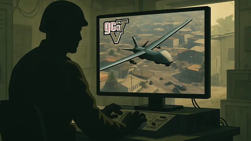 Солдат тренируется в модифицированной GTA 5 на симуляторе дрона, демонстрируя военное применение игры.
