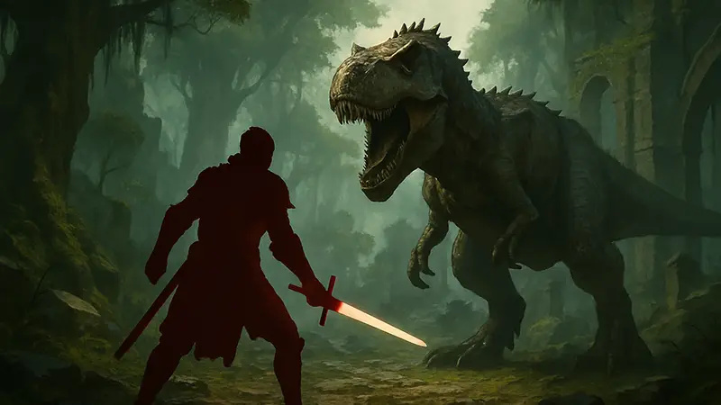 Кадр из игры Dinoblade, персонаж сражается с динозавром, Soulslike, ПК игры