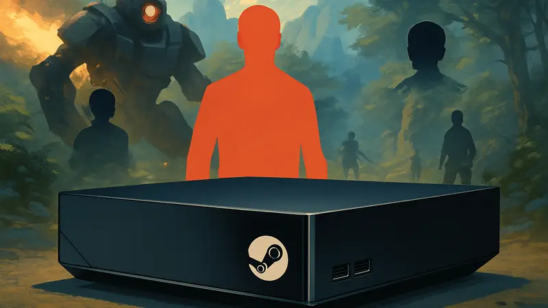 Steam Machine от Valve на фоне игровой графики, отображающей цену и спецификации