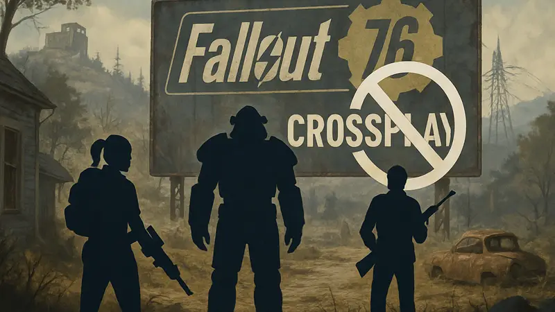 Персонажи из Fallout 76 исследуют постапокалиптический мир, на фоне логотип игры и текст 'No Crossplay'.
