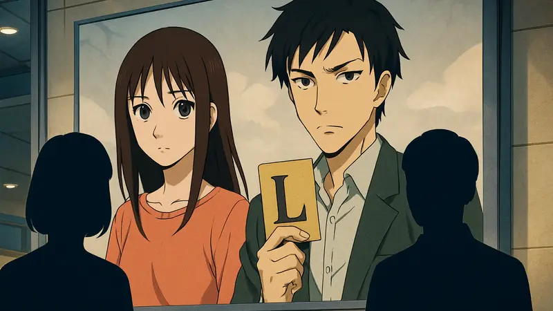 Персонажи аниме Liar Game, Леронира и Фудзисава Кадзуо, с актерами озвучки на фоне.
