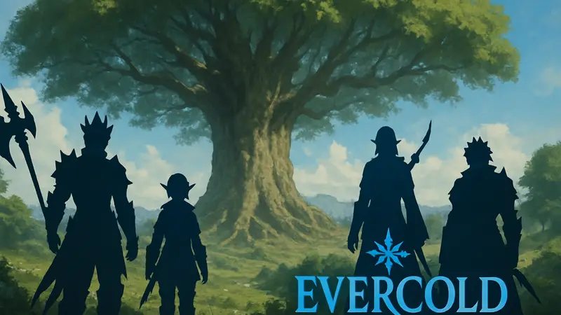 Персонажи Final Fantasy XIV на фоне Мирового Древа, логотип Evercold.