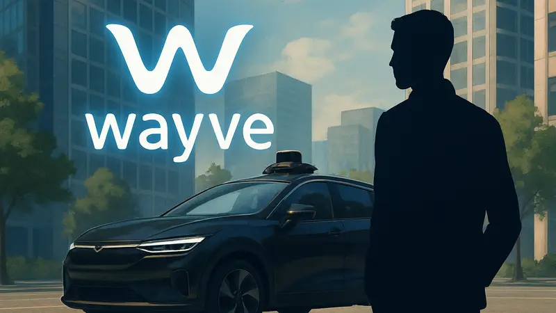 Логотип Wayve на фоне автономного автомобиля, символизирующего ИИ-технологии и оценку стартапа в $8.5 млрд.