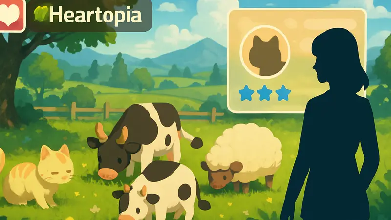 Игровые животные из Heartopia, пасущиеся на лугу, с элементами интерфейса игры. Гайд по Heartopia.