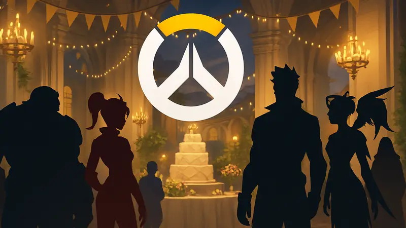 Логотип Overwatch на фоне торжественного события "Годовщина", с персонажами игры.