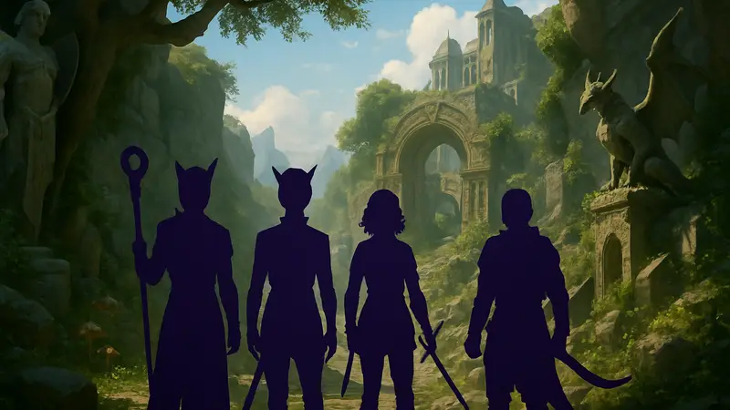 Главные герои Baldur's Gate 3 в фэнтезийном мире, с акцентом на скрытые элементы.