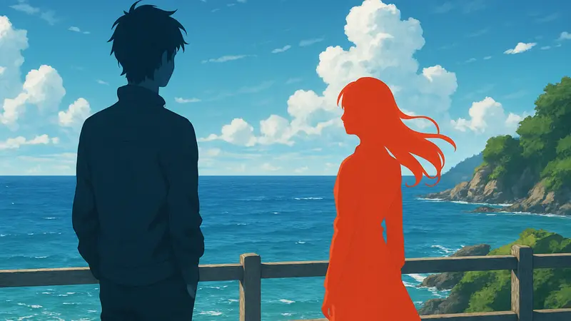 Кадр из игры или аниме See You There, Beyond the Ocean с двумя персонажами на фоне океана