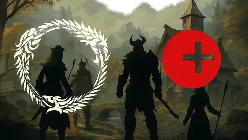 Логотип The Elder Scrolls Online и символ Zenimax, на фоне кадров из игры ESO.