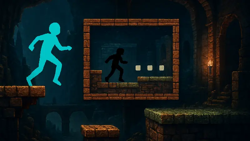 Скриншот игры Screenbound, показывающий 5D-геймплей с ретро-графикой и персонажем