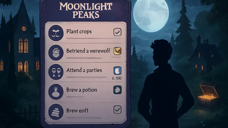 Moonlight Peaks квесты: скриншот из игры с элементами заданий и наград.