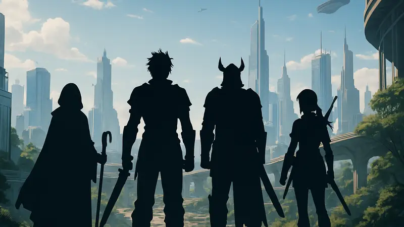 Игровые персонажи из популярных RPG на фоне футуристического города
