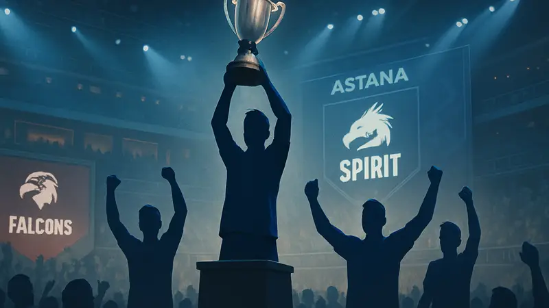 Киберспортивная команда Spirit празднует победу на турнире в Астане над Falcons, держа в руках кубок.