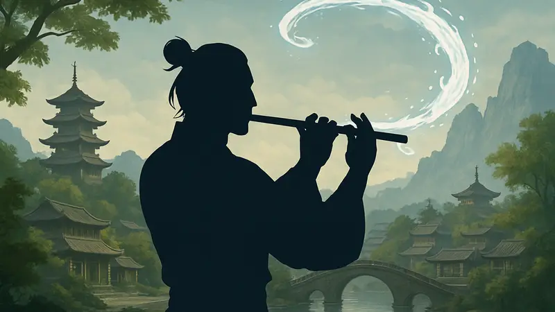 Персонаж Where Winds Meet, использующий флейту, с мистическими эффектами навыка "Флейта приливов" на фоне древнего Китая.