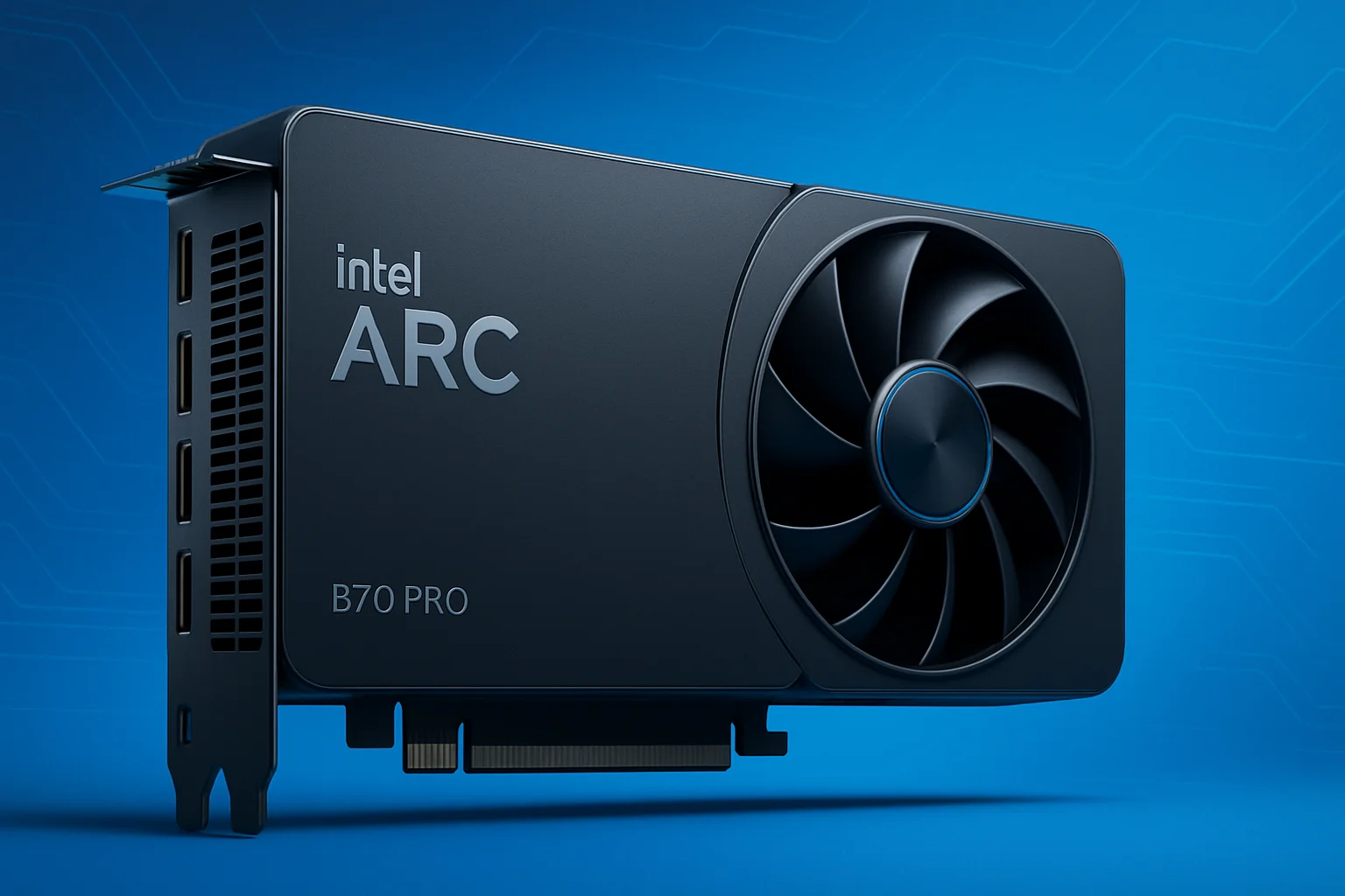 Рендер или концепт видеокарты Intel Arc B70 Pro. Профессиональная графическая карта Intel.