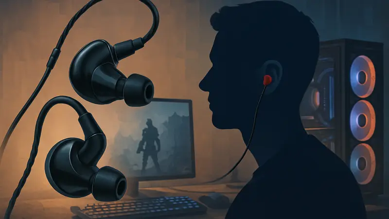 Игровые IEM наушники на фоне ПК гейминга, обеспечивающие комфорт и звук