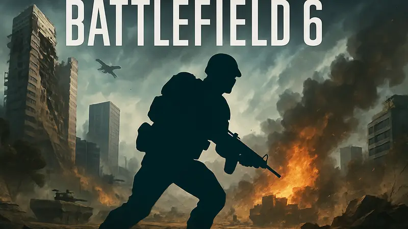 Скриншот из Battlefield 6 с солдатом на поле боя, логотип игры