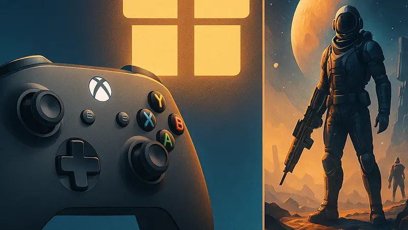 Изображение контроллера Xbox рядом с обложкой научно-фантастической игры, символизирующей бесплатное предложение.