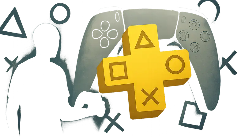 Логотип PlayStation Plus на фоне стилизованных изображений контроллера DualSense и игровых символов.