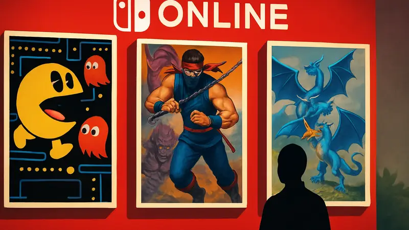 Обложки классических игр NES на фоне логотипа Nintendo Switch Online.