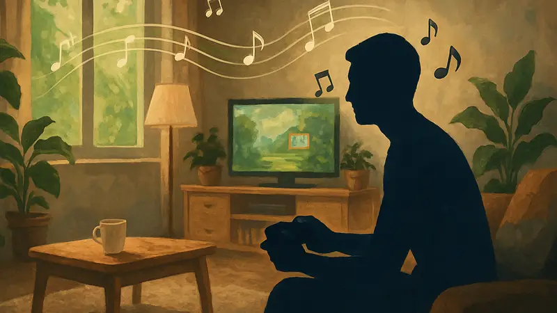 Иллюстрация «уютных игр» с музыкальными нотами и расслабляющей атмосферой.