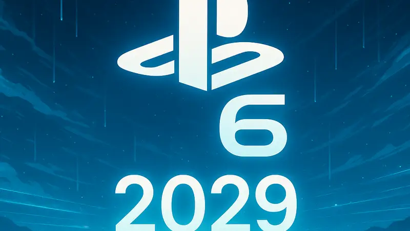 Изображение логотипа PlayStation 6 с предположительной датой выпуска 2029 года на футуристическом фоне.