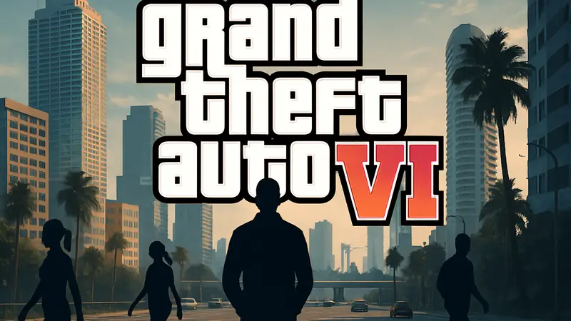 Логотип Grand Theft Auto VI на фоне городского пейзажа.