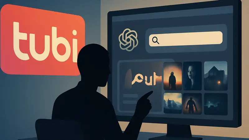 Логотип Tubi и интерфейс ChatGPT с интегрированным приложением стримингового сервиса, поиск фильмов через ИИ.