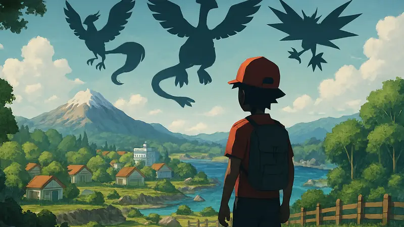 Изображение Pokopia, стилизованное под DLC с элементами региона Канто и силуэтами легендарных покемонов