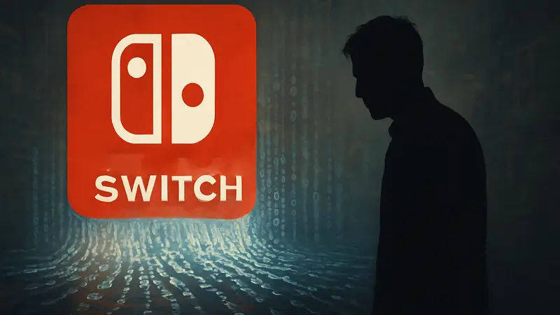 Логотип Nintendo Switch на фоне утекающей информации