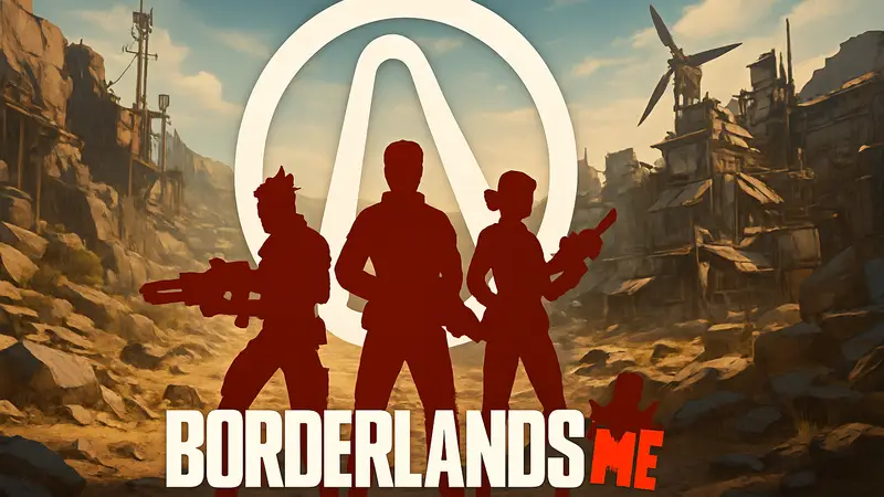 Логотип Borderlands Mobile на фоне стилизованной картинки игры с персонажами и оружием.