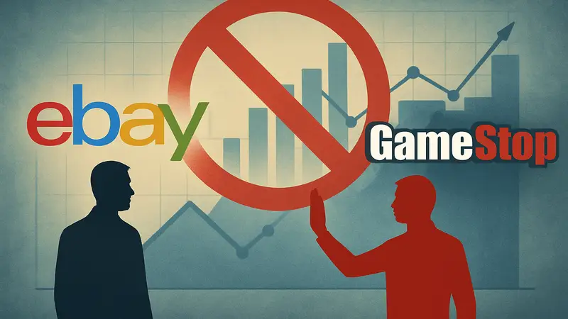 Логотипы eBay и GameStop на фоне диаграммы отказа от сделки, символизирующие отклонение предложения.