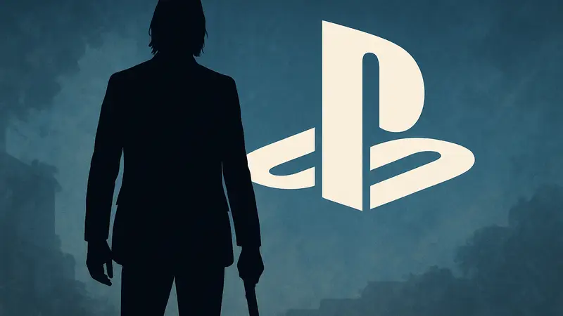 Джон Уик, Киану Ривз, в черном костюме с оружием, на фоне логотипа PlayStation.