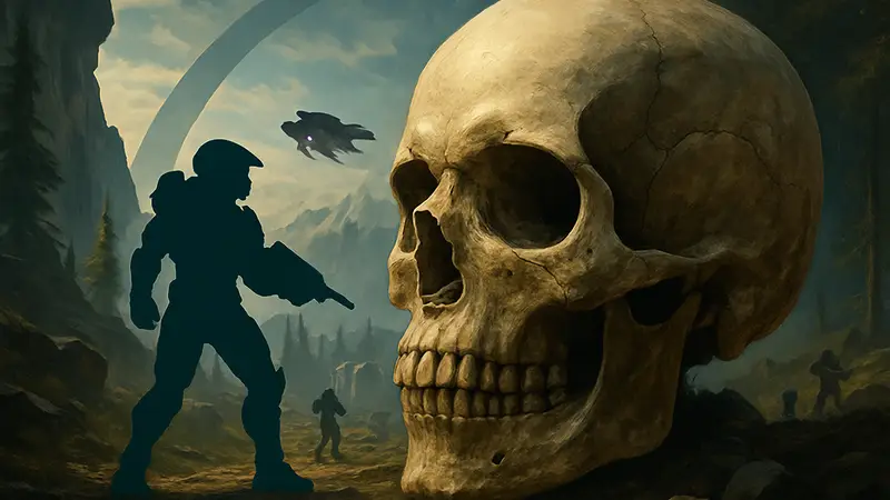 Изображение одного из Черепов из игры Halo Campaign Evolved на фоне игрового процесса.