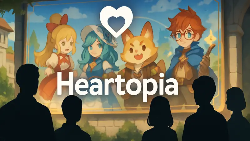 Логотип Heartopia на фоне гача-баннера с персонажами