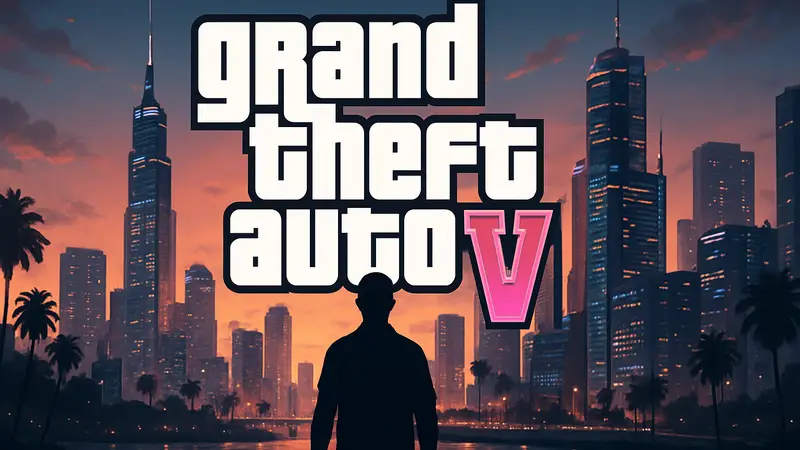 Логотип Grand Theft Auto 6 на фоне футуристического города, символизирующий ожидания от игры