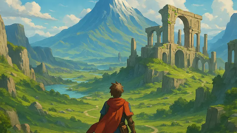 Игрок исследует огромный фэнтезийный мир JRPG на фоне величественных пейзажей и древних руин.
