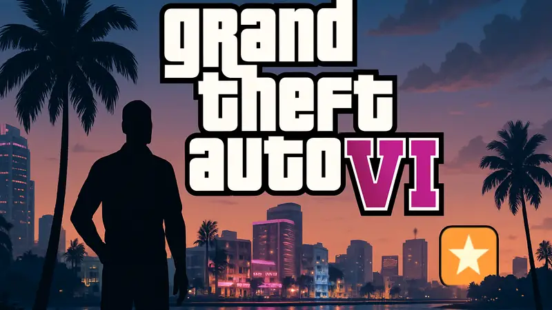 Логотип Grand Theft Auto 6 на фоне города Вайс-Сити, с намёком на активность Rockstar Games