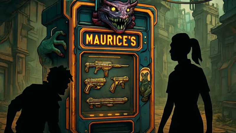 Торговый автомат Черного Рынка Мориса из игры Borderlands 4, с легендарным снаряжением.