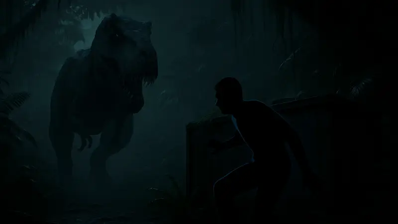 Скриншот или арт из игры Lost Wild, показывающий игрока, прячущегося от хищного динозавра в тёмных джунглях.