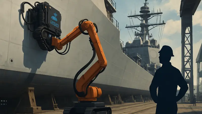 Промышленный робот Gecko Robotics осматривает корпус военного корабля на судоверфи, выполняя инспекцию.