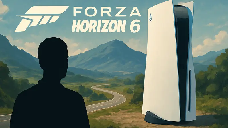 Логотип Forza Horizon 6 и консоль PlayStation 5, символизирующие большой размер загрузки игры