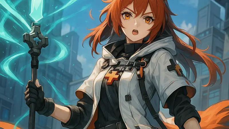 Игровой арт с персонажем Эмбер из Arknights: Endfield, демонстрирующий её способности