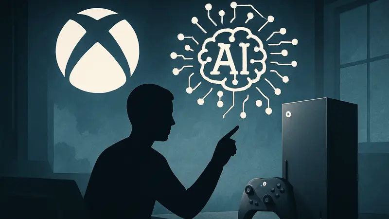 Логотип Xbox Copilot с элементами искусственного интеллекта, демонстрирующий взаимодействие с консолью Xbox Series X|S.