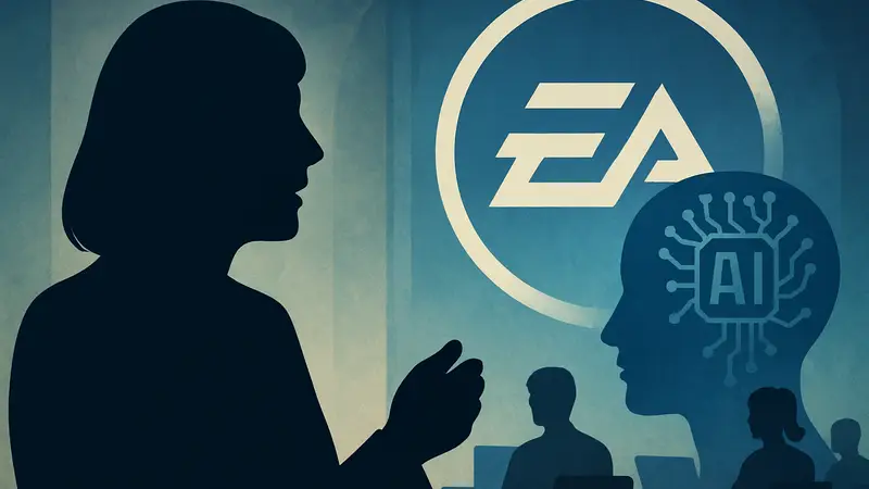 Лаура Миеле из EA говорит о генеративном ИИ на фоне логотипа Electronic Arts, символизируя инновации.