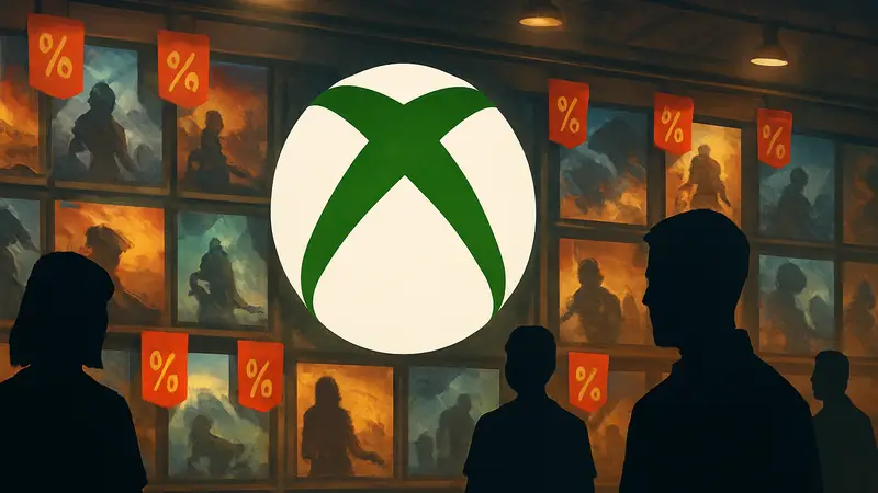 Логотип Xbox на фоне распродажи игр с большими скидками.
